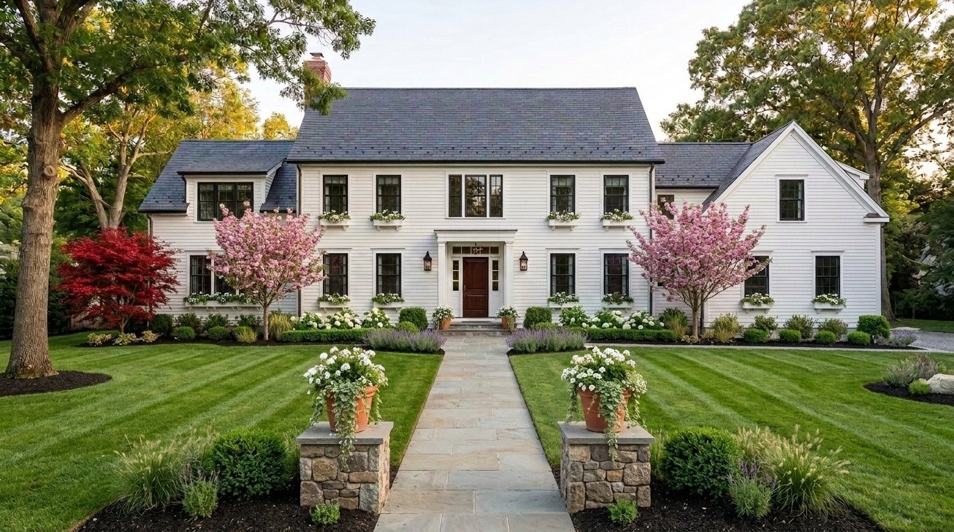 White farmhouse with a finished front landscape
