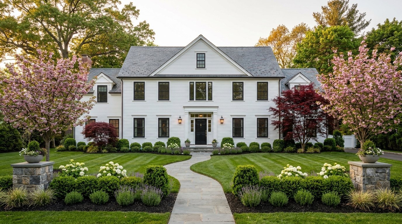 White farmhouse with cherry trees, boxwoods and a bluestone walkway