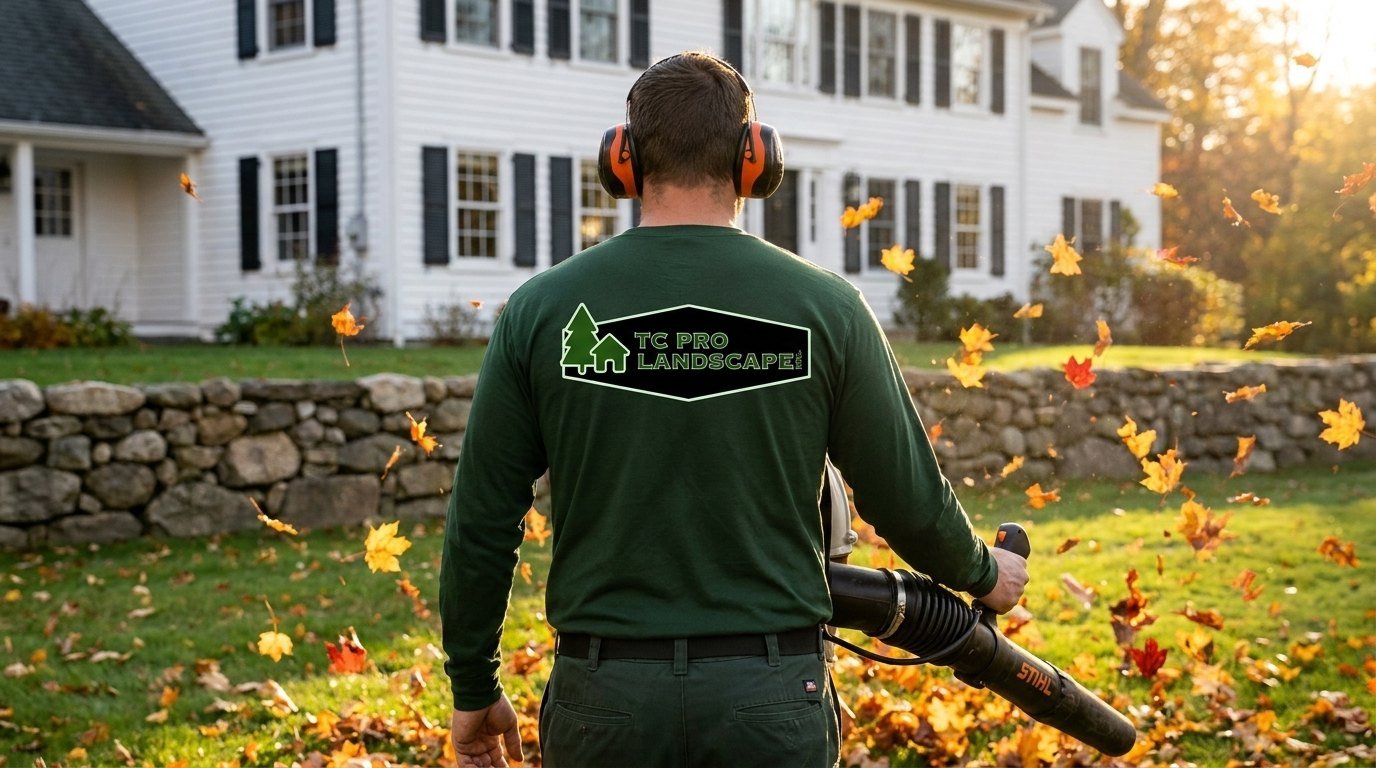 Autumn leaves being blown off a lawn