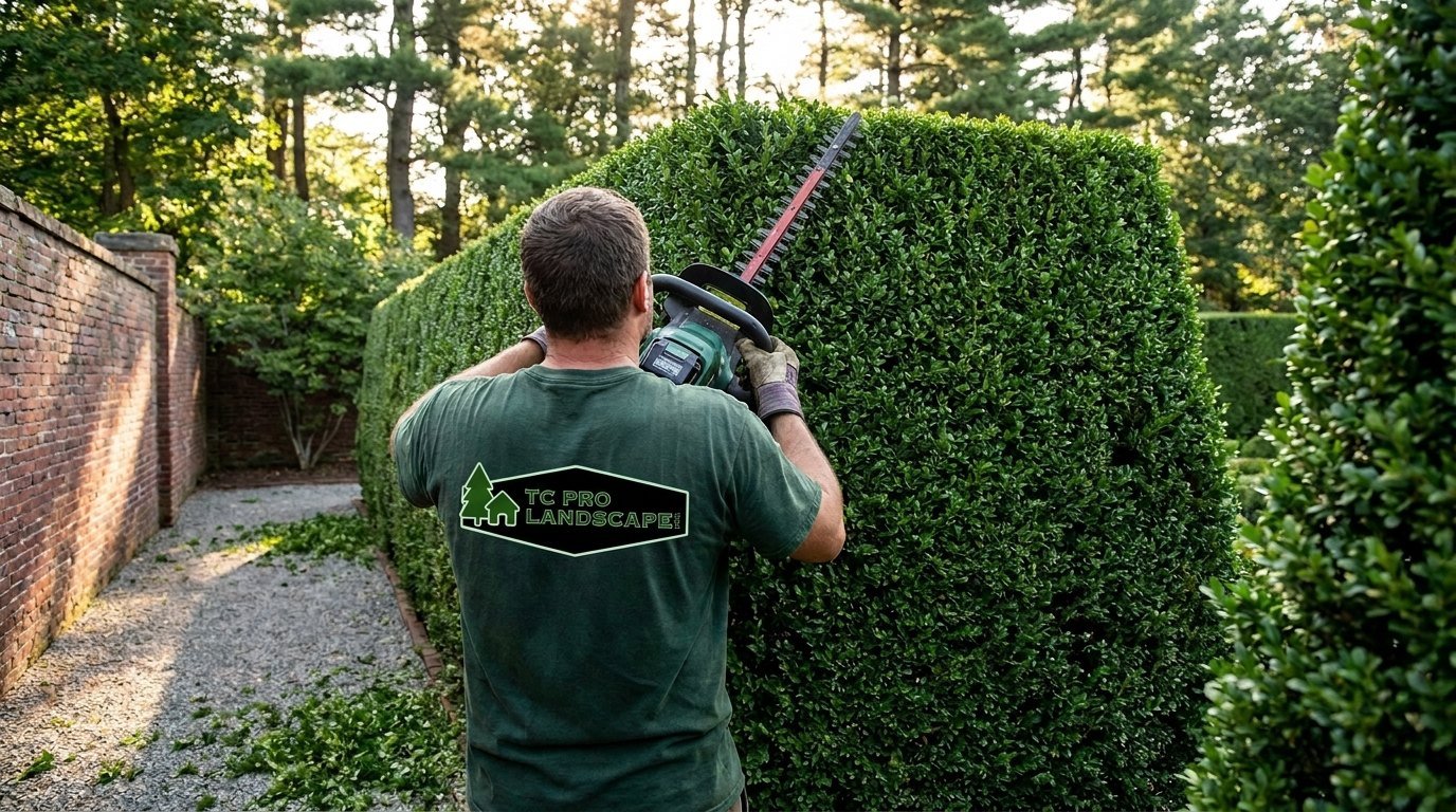 TC PRO landscaper shaping a boxwood hedge