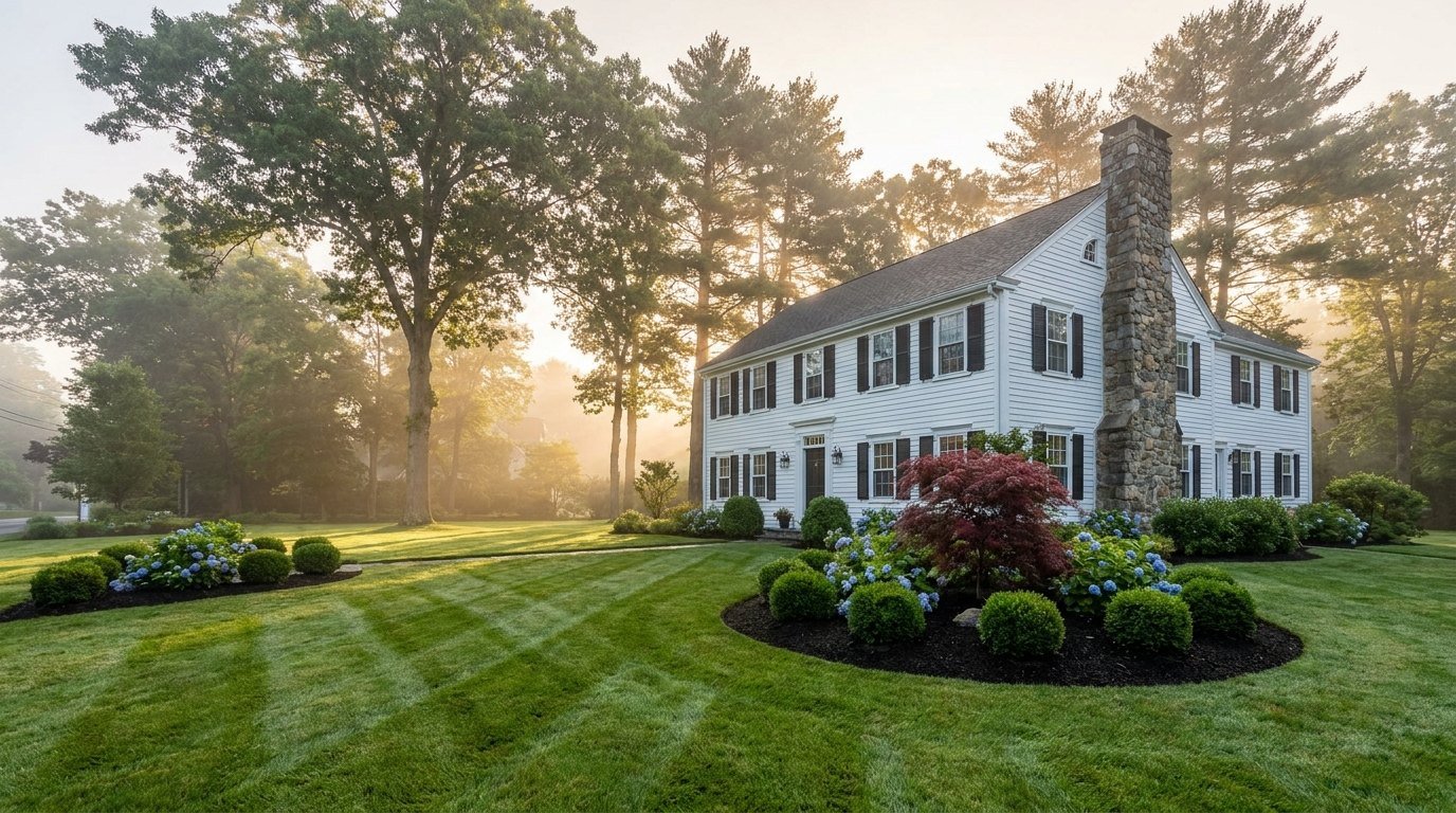 Classic New England colonial home with a freshly striped lawn and edged garden beds at sunrise