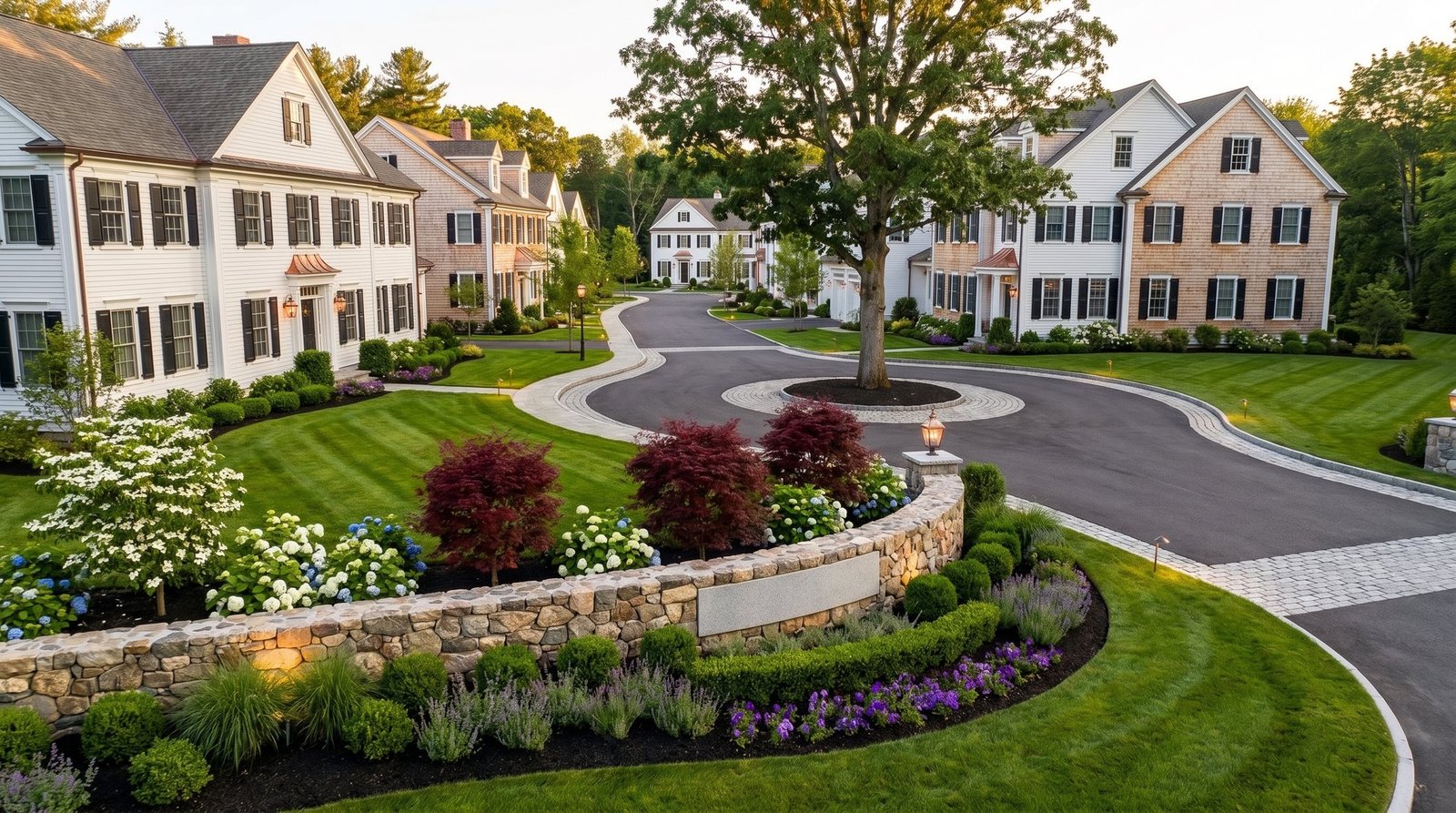 HOA community entrance with manicured lawns and flower beds