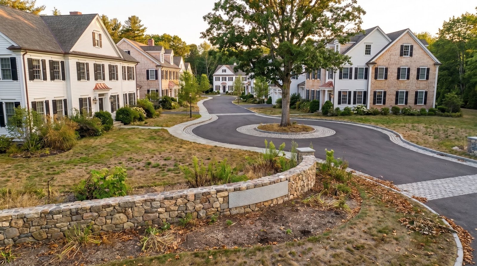 Before: tired HOA entrance with dry lawn and empty beds