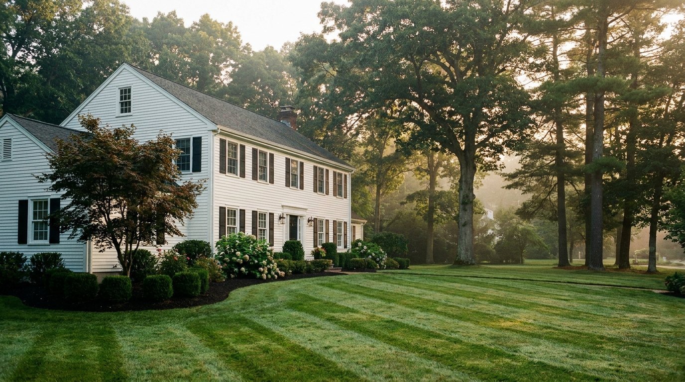 Striped lawn in front of a white colonial home