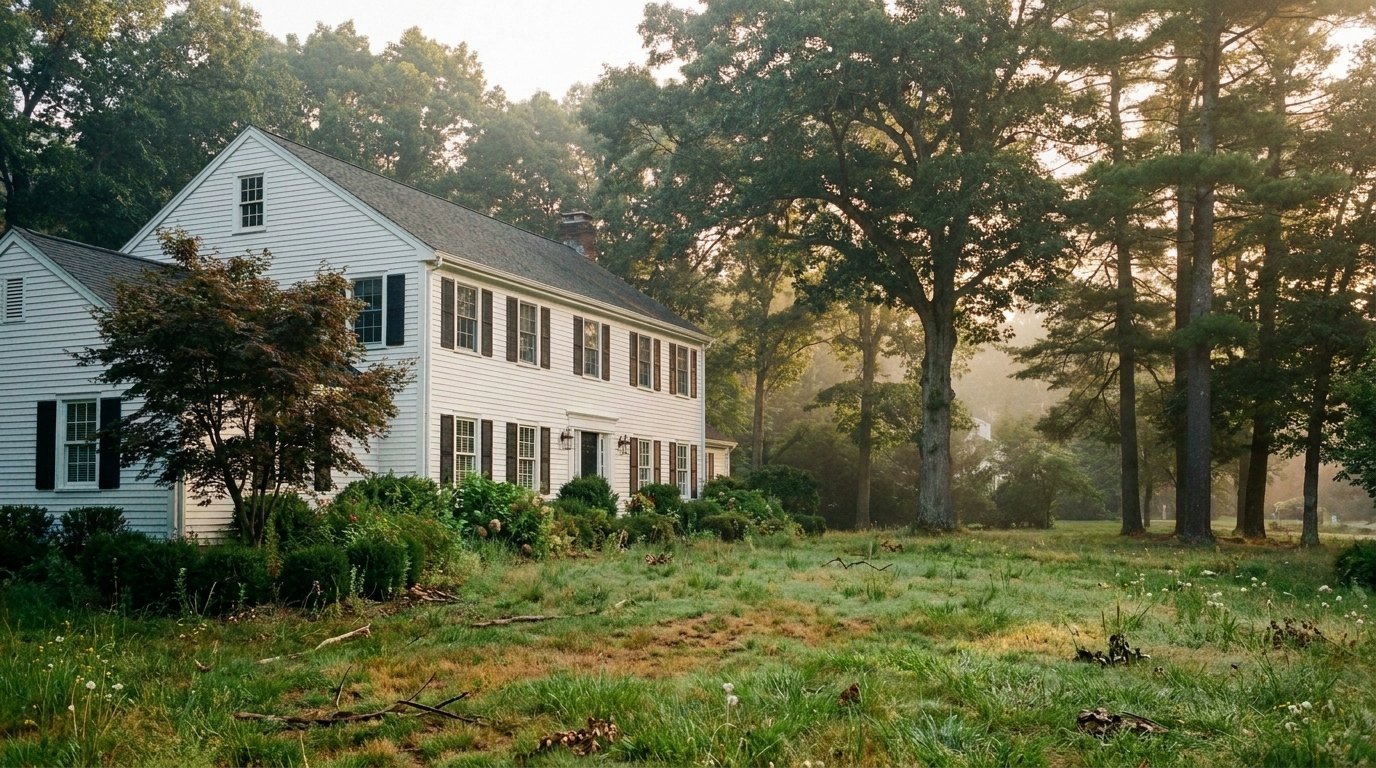Before: overgrown, patchy lawn and shaggy shrubs