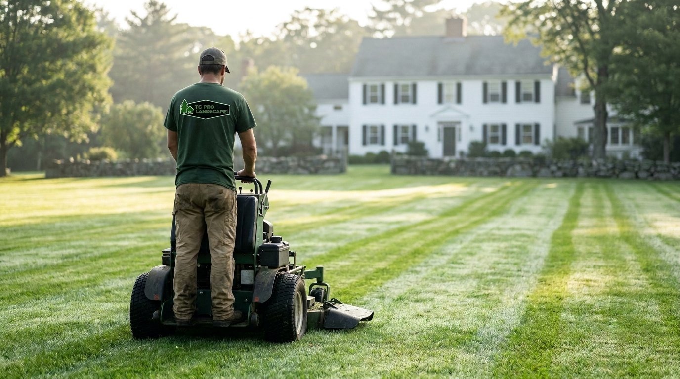 TC PRO landscaper mowing crisp stripes on an estate lawn