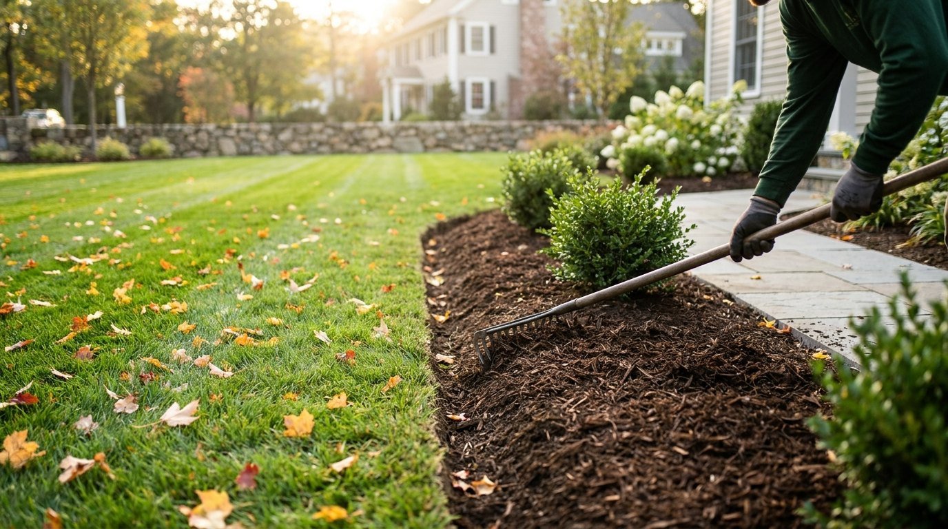 Fresh mulch in an edged bed