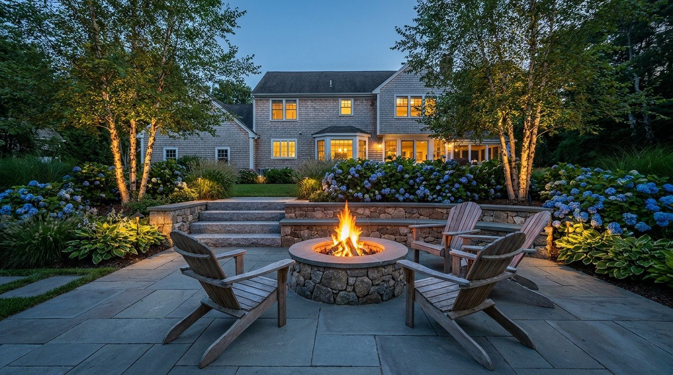 Bluestone patio with a fieldstone fire pit and Adirondack chairs at dusk