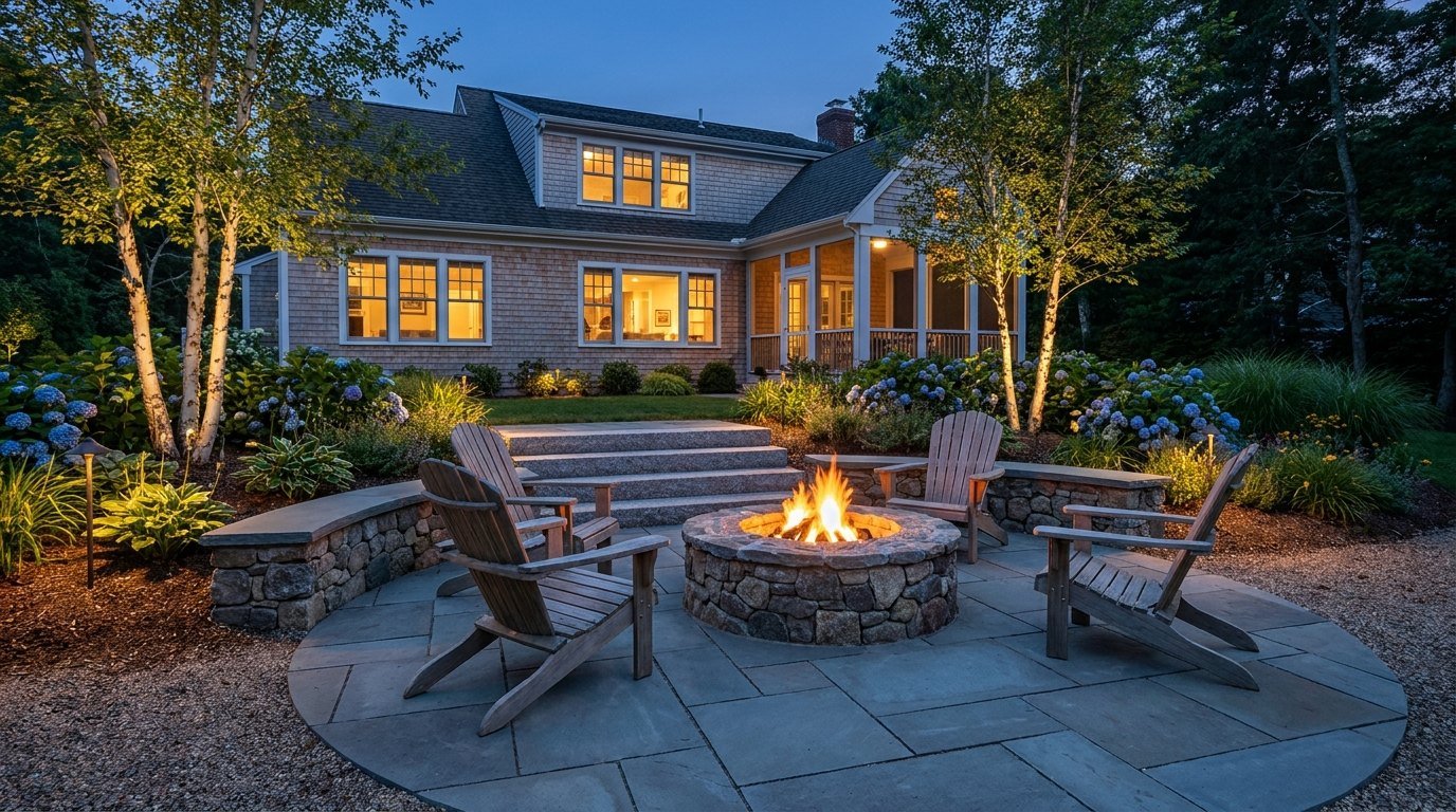 After: bluestone patio, fire pit and lit plantings