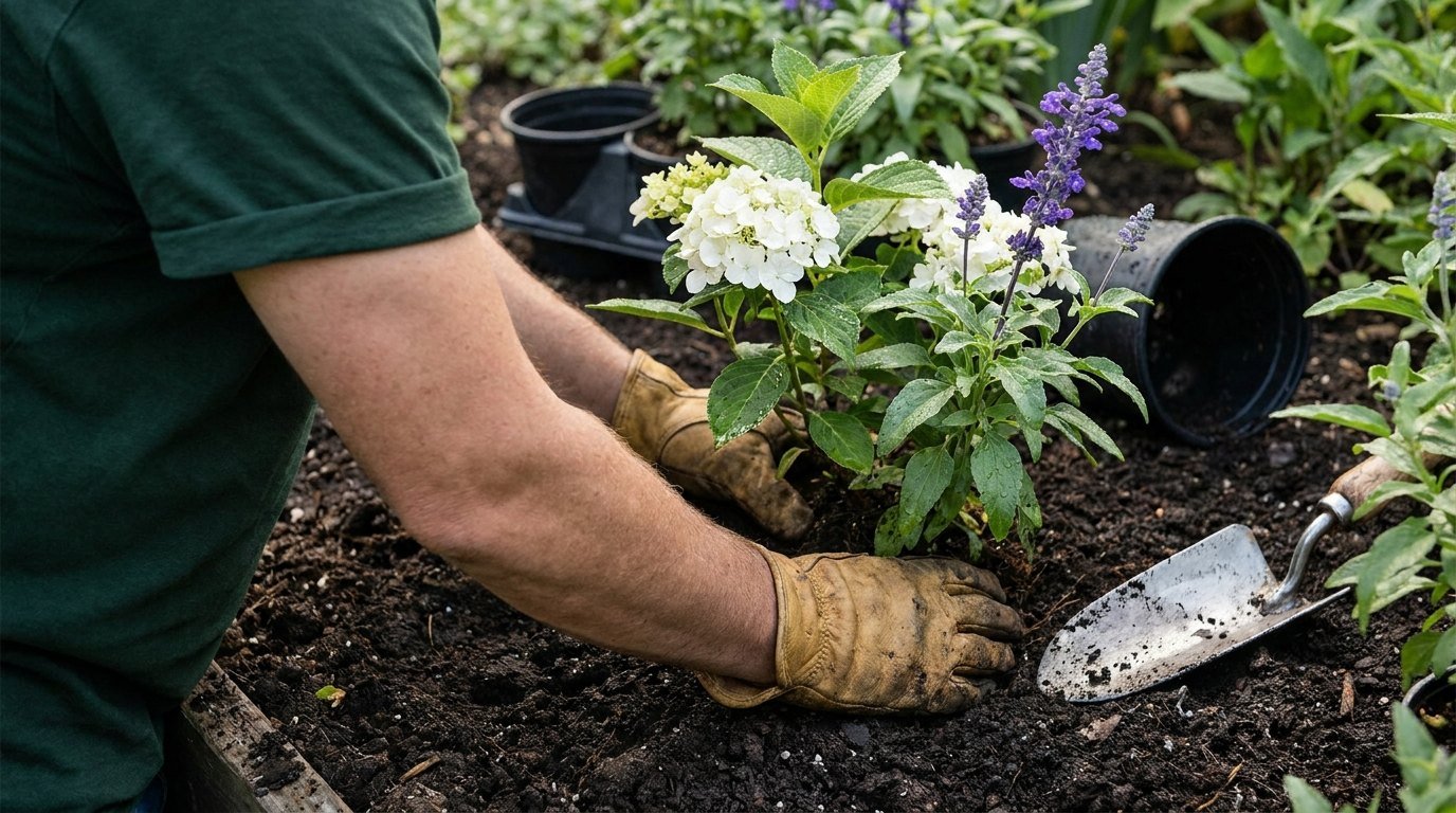 Gloved hands planting hydrangeas in fresh soil
