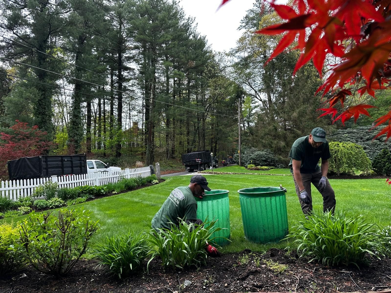 TC PRO crew working in a garden bed beside a striped lawn