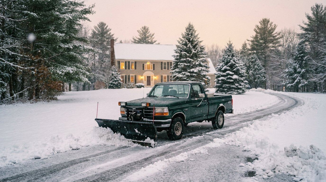 Plow truck clearing a driveway after snowfall