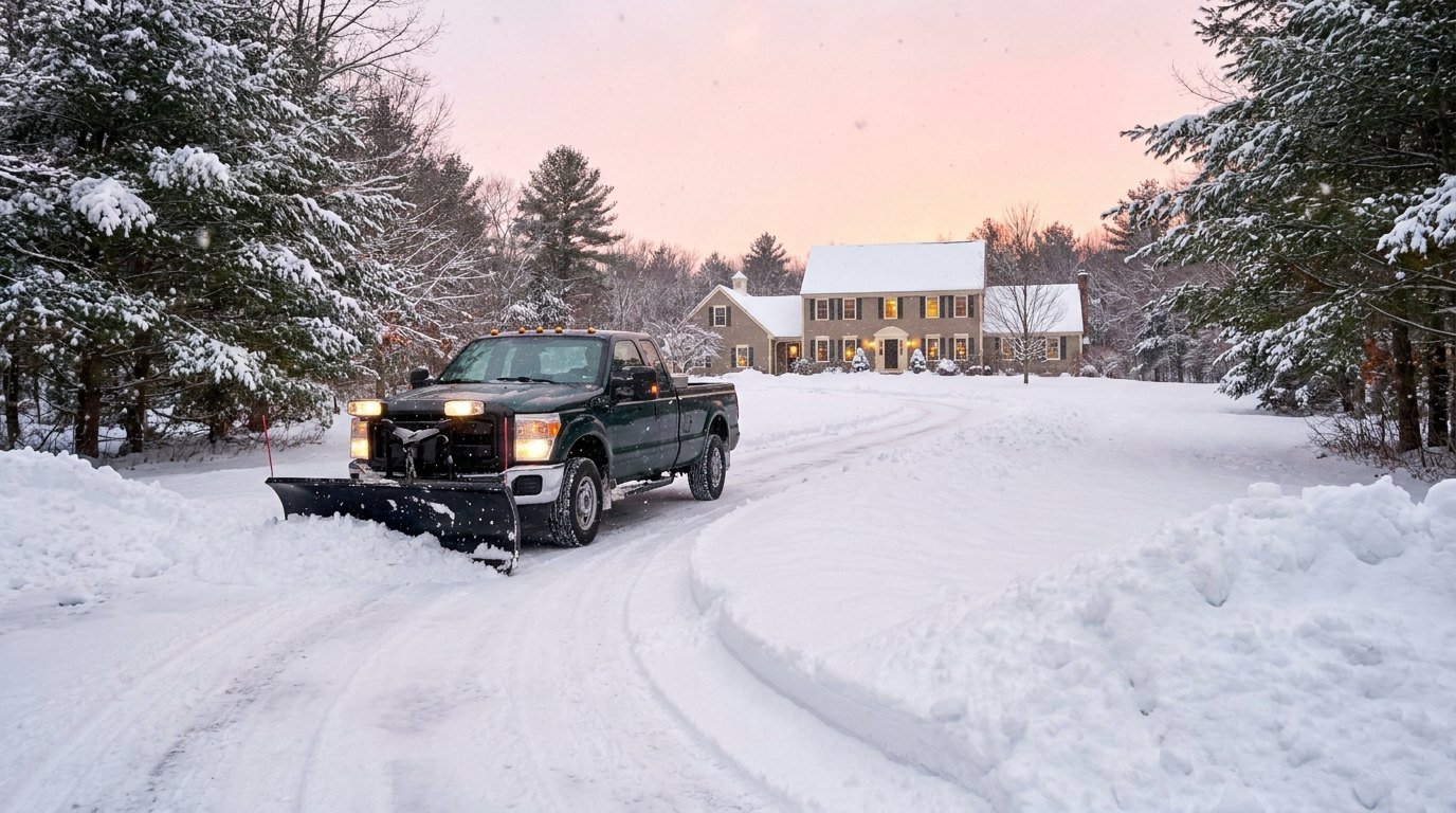 Pickup truck with a plow clearing a snowy driveway at dawn